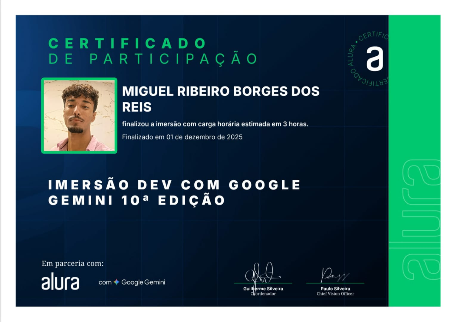 Certificado Alura Imersão Dev / Alura Dev Immersion Certificate / Certificado Alura Inmersión Dev