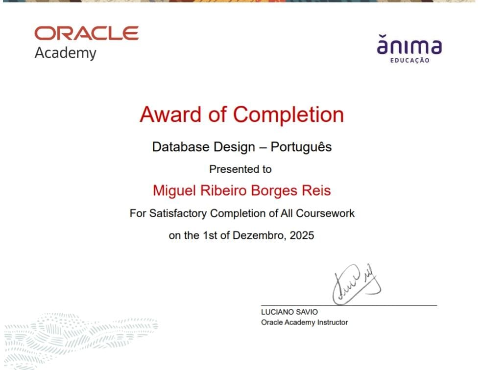 Certificado Oracle Database Design / Oracle Database Design Certificate / Certificado Oracle Database Design