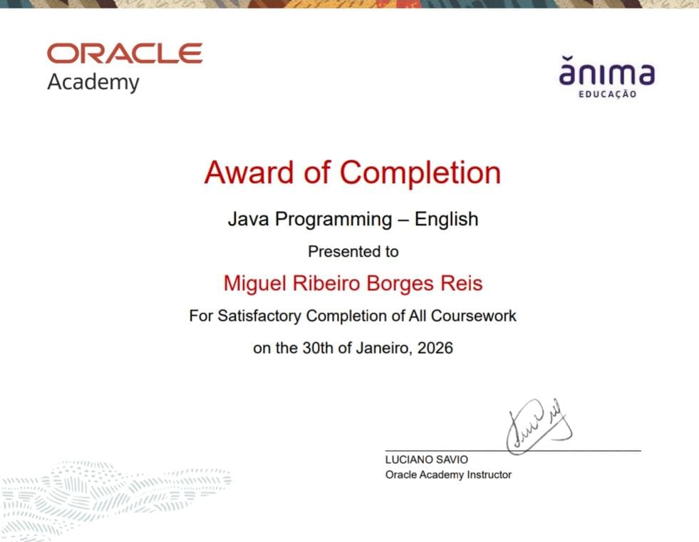 Certificado Oracle Java Programming / Oracle Java Programming Certificate / Certificado Oracle Java Programming